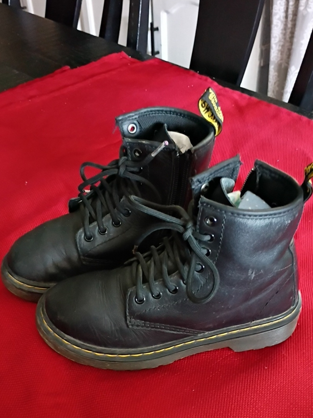 Dr. Martens Black Leather Lace-Up Ankle Boots with Yellow Stitching For Kids